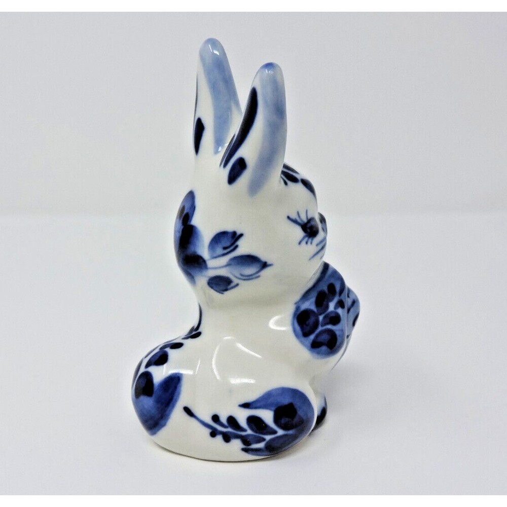 Rabbit Bunny Carrot Gzhel Porcelain Figurine Handmade Russia Cobalt White 4.5in - Picture 4 of 15